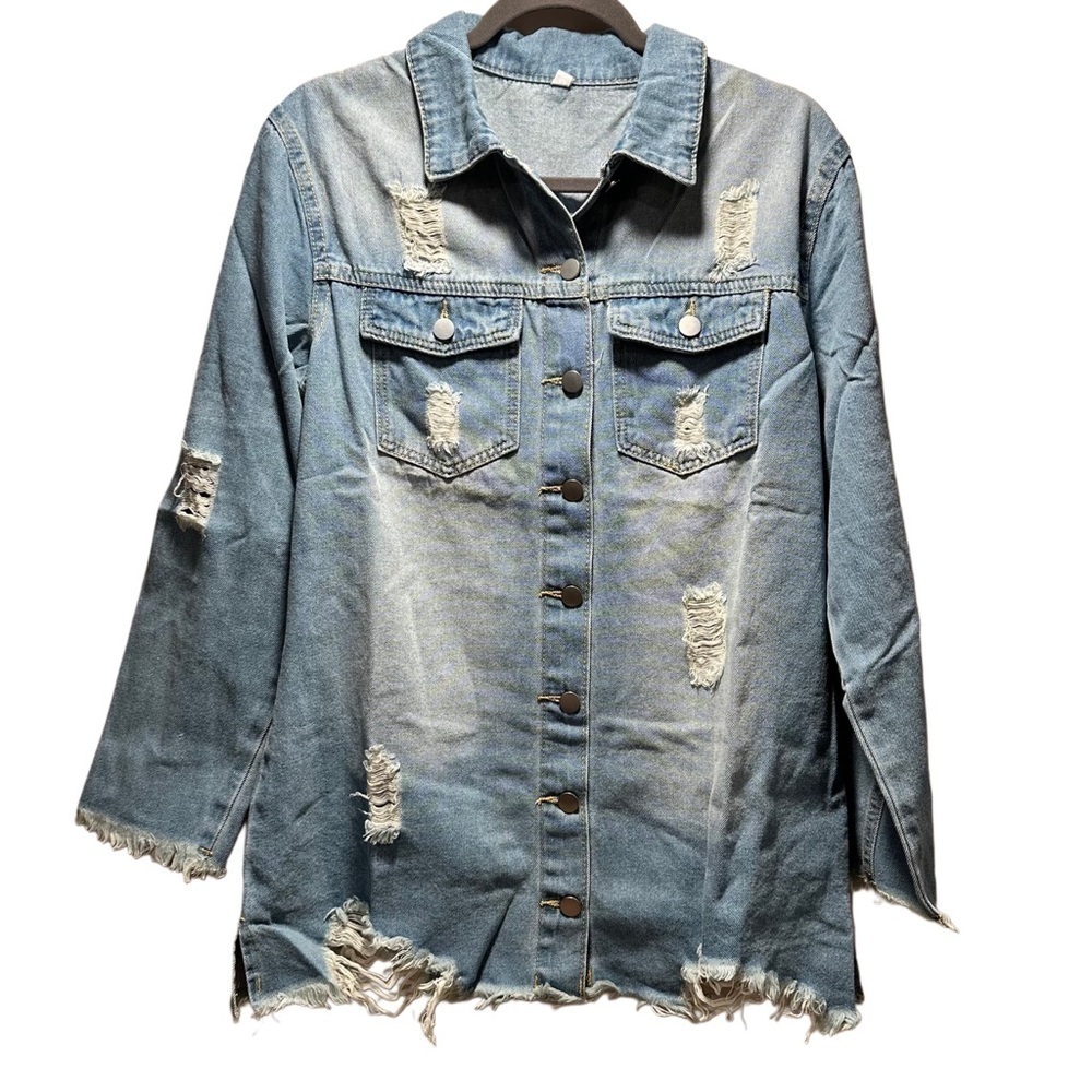 NEW Raw Hem Denim Cotton Jean Jacket Distressed Frayed Hem Front Button Closure - Picture 5 of 16